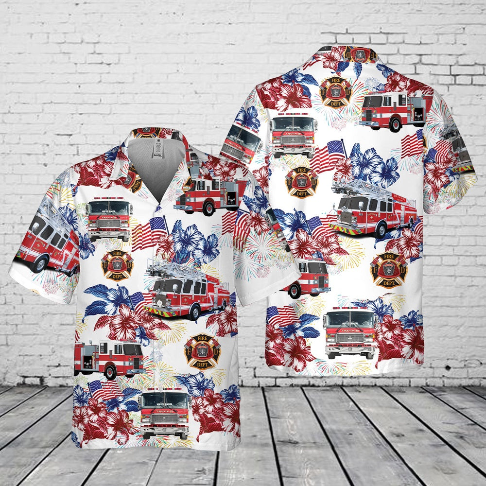 4Th Of July Hawaiian Shirts, Firefighter Fire Truck 4Th Of July Pocket Hawaiian Shirt, Hawaiian Firefighter Shirts