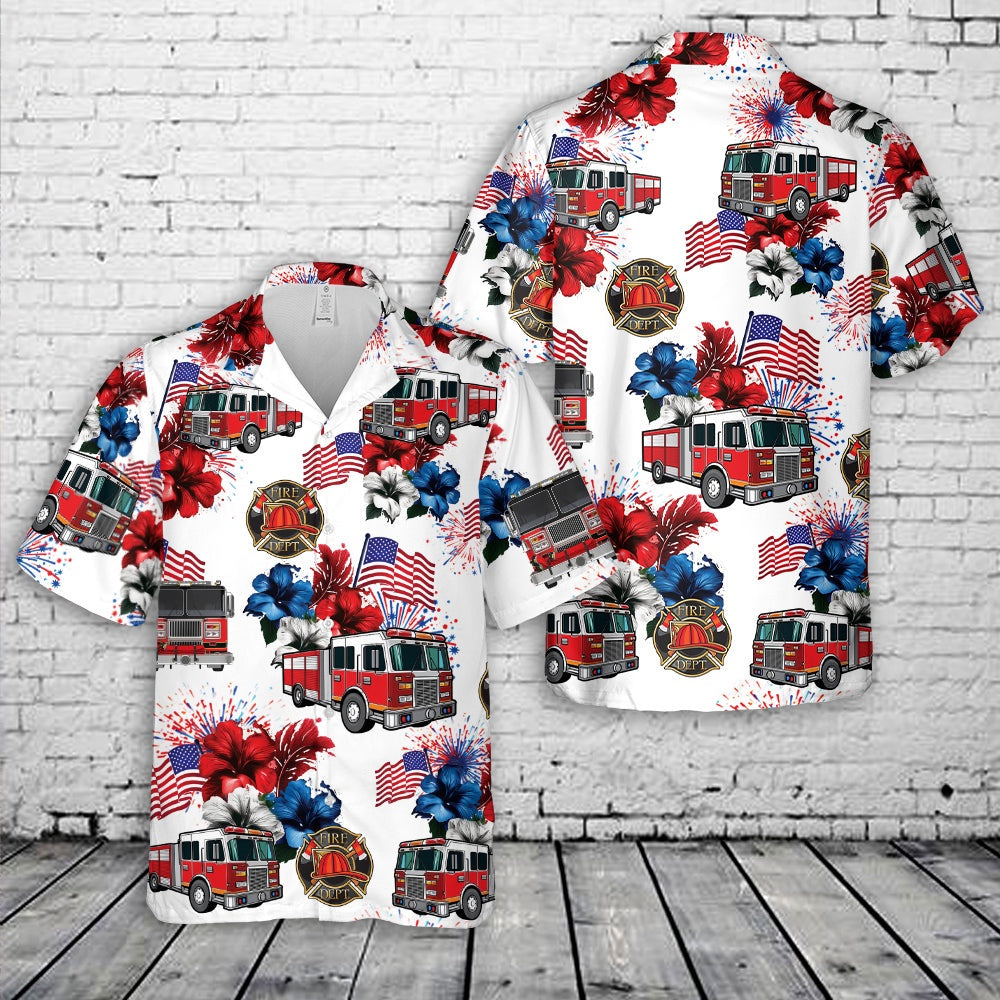 4Th Of July Hawaiian Shirts, Firefighter Fire Truck 6 4Th Of July Hawaiian Shirt, Hawaiian Firefighter Shirts