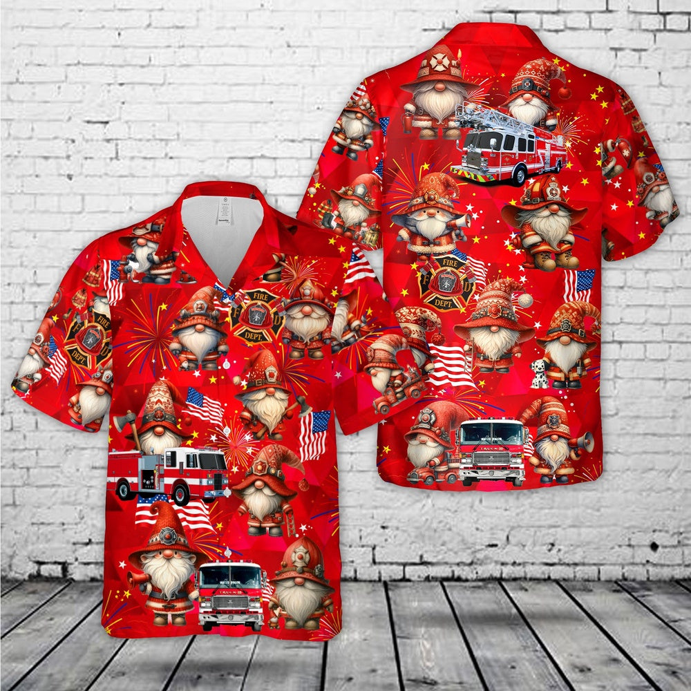 4Th Of July Hawaiian Shirts, Firefighter Gnome Firefighter Fire Truck 4Th Of July Hawaiian Shirt, Hawaiian Firefighter Shirts