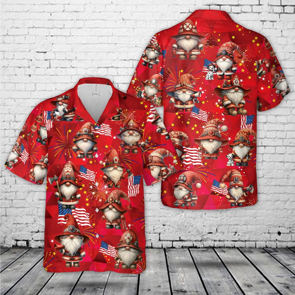4Th Of July Hawaiian Shirts, Firefighter Gnome Firefighter Fire Truck 4Th Of July Hawaiian Shirts, Hawaiian Firefighter Shirts