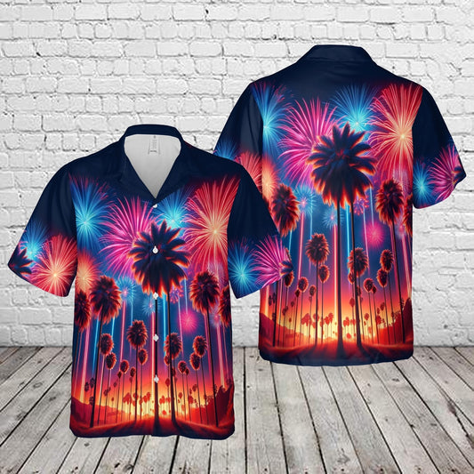 4Th Of July Hawaiian Shirts, Fireworks Palm Trees 4Th Of July 1 Hawaiian Shirt, Hawaiian Firefighter Shirts