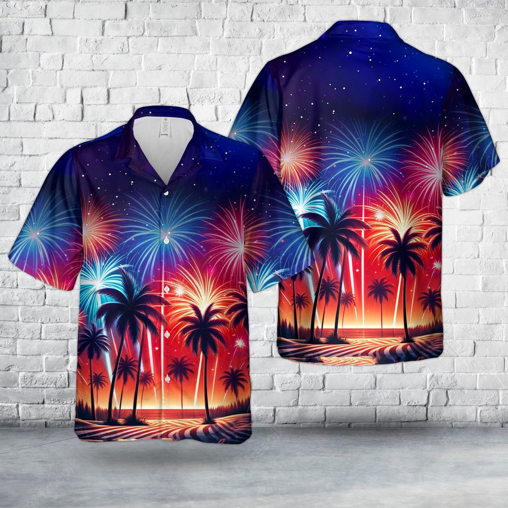 4Th Of July Hawaiian Shirts, Fireworks Palm Trees 4Th Of July 2 Hawaiian Shirt, Hawaiian Firefighter Shirts