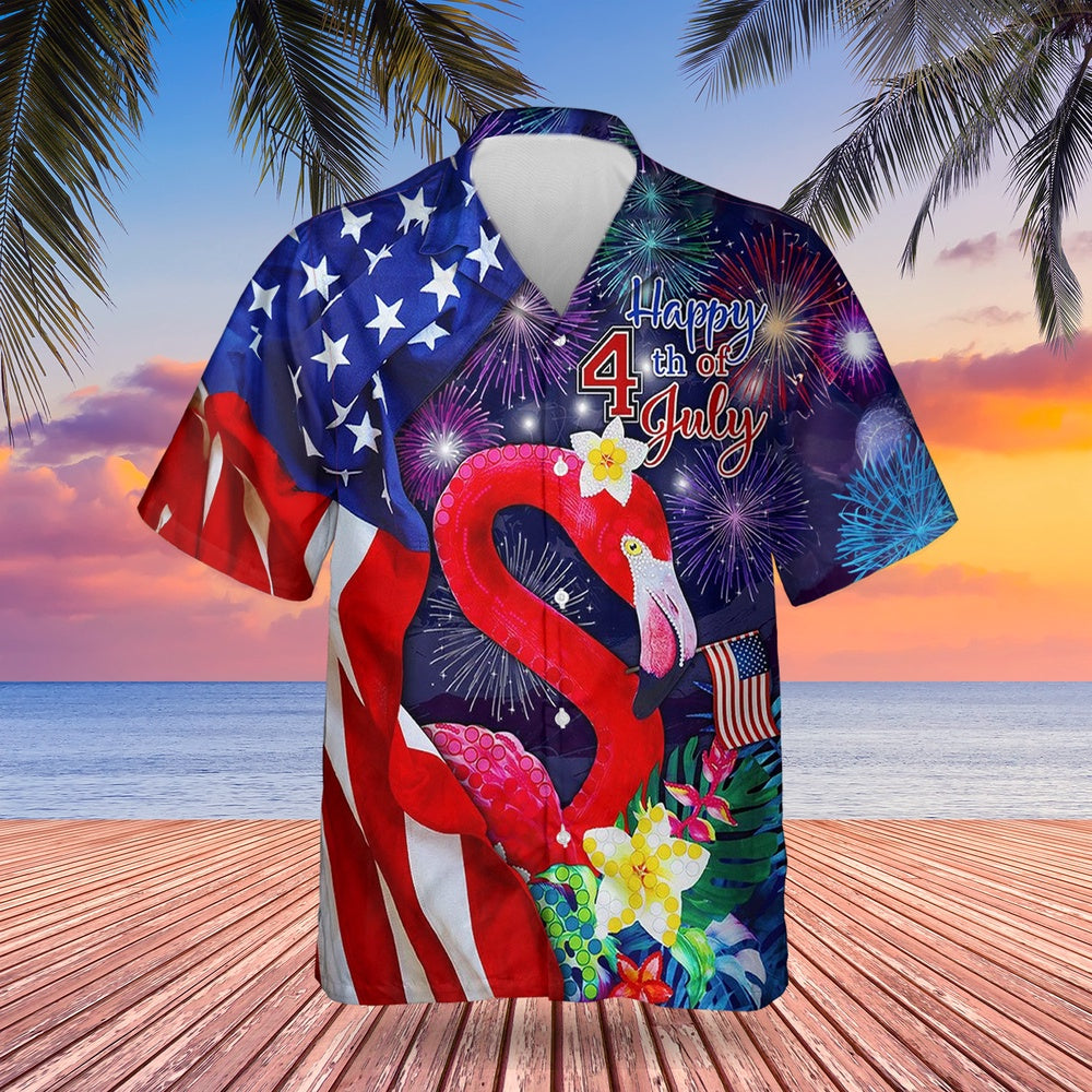 4Th Of July Hawaiian Shirts, Flamingo Happy 4Th Of July Hawaiian Shirts Fourth Of July Graphic Tees