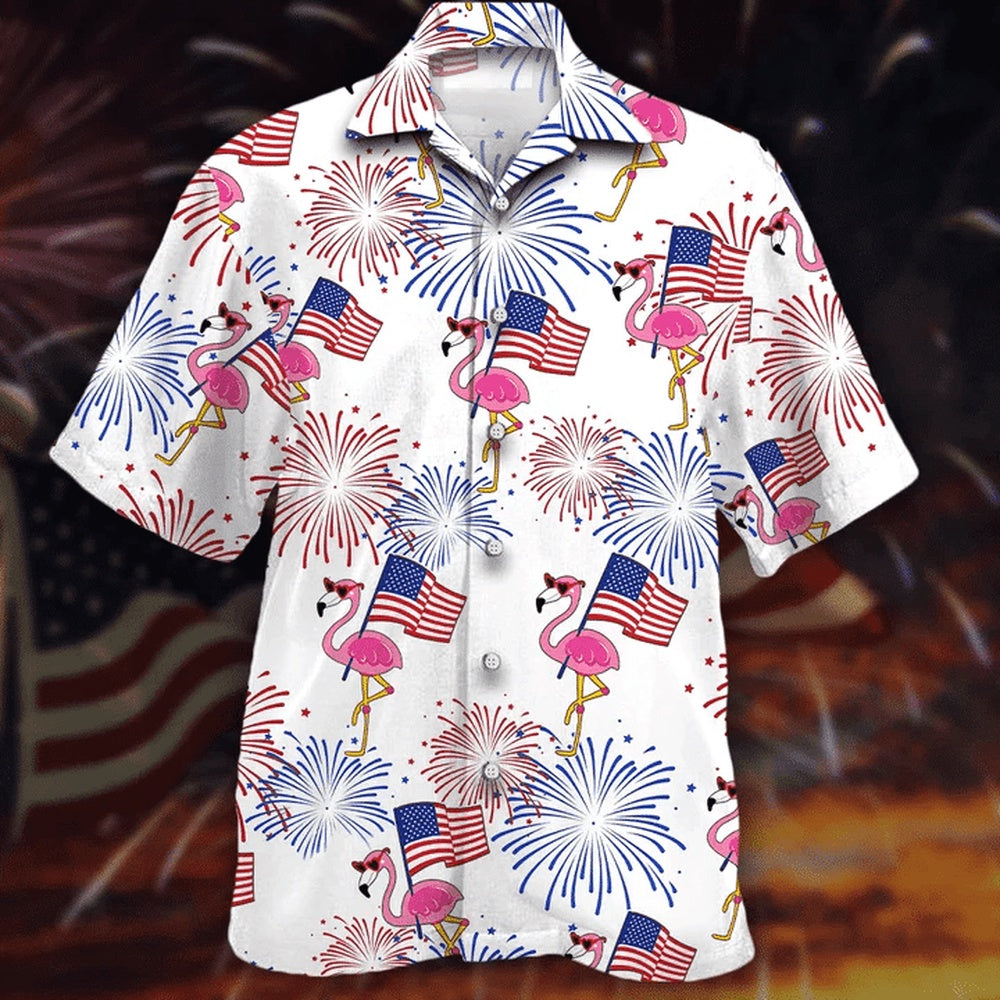 4Th Of July Hawaiian Shirts, Flamingo Hawaii Shirt, 4Th Of July Shirt, Flamingo And Flag Red And Blue Firework Hawaiian Shirt