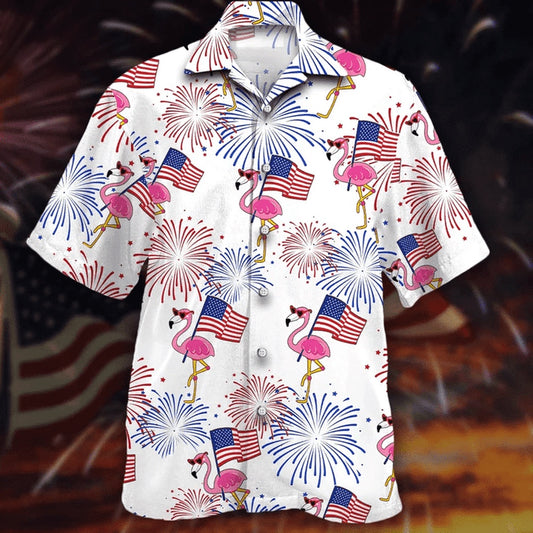 4Th Of July Hawaiian Shirts, Flamingo Hawaii Shirt, 4Th Of July Shirt, Flamingo And Flag Red And Blue Firework Hawaiian Shirt