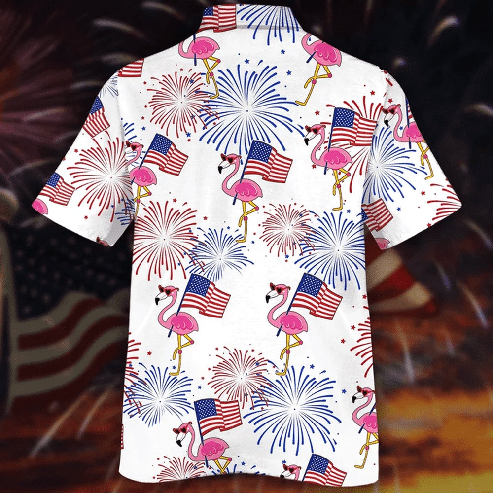4Th Of July Hawaiian Shirts, Flamingo Hawaii Shirt, 4Th Of July Shirt, Flamingo And Flag Red And Blue Firework Hawaiian Shirt