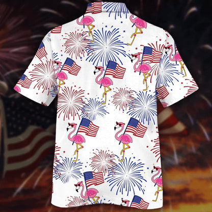 4Th Of July Hawaiian Shirts, Flamingo Hawaii Shirt, 4Th Of July Shirt, Flamingo And Flag Red And Blue Firework Hawaiian Shirt