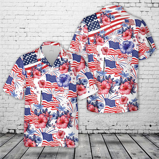 4Th Of July Hawaiian Shirts, Flower American Flag 4th Of July Hawaiian Shirt, Hawaiian Beach Shirts For Men Women