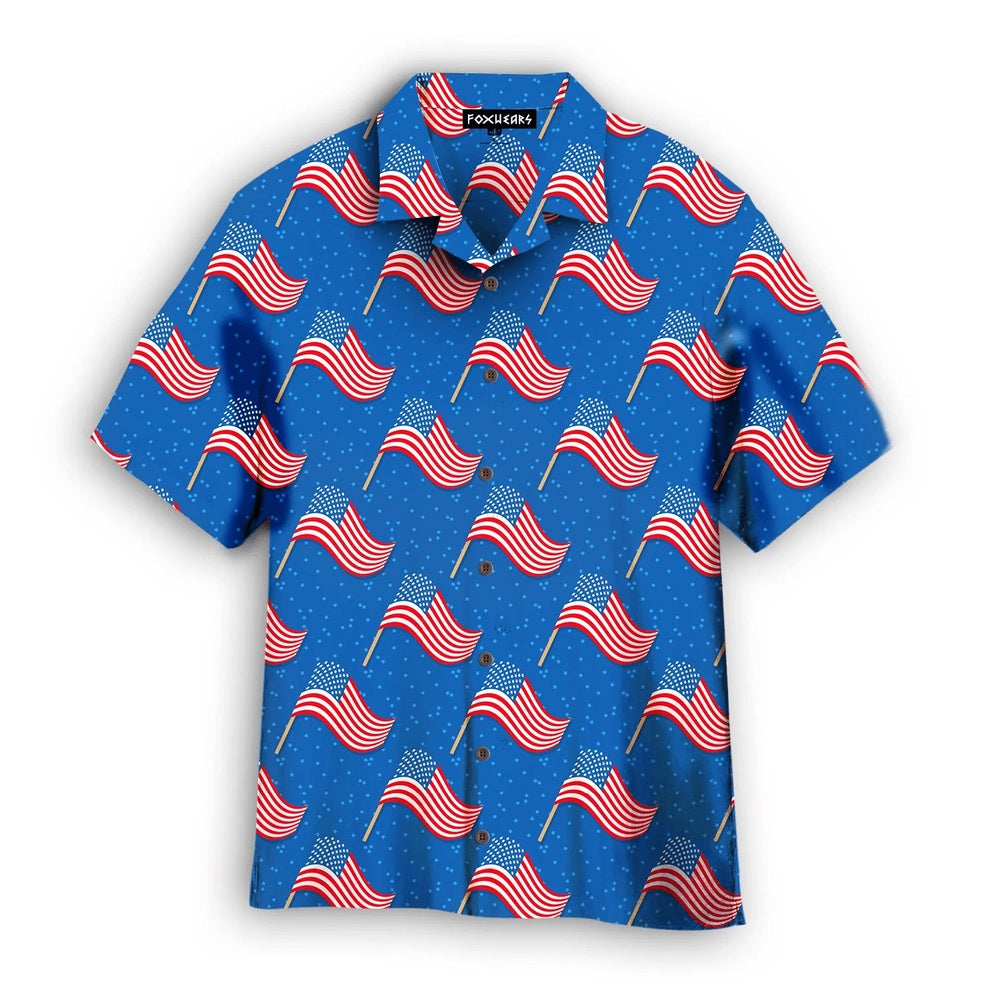 4Th Of July Hawaiian Shirts, Fourth Of July Blue American Flags Hawaiian Shirt Aloha Shirt