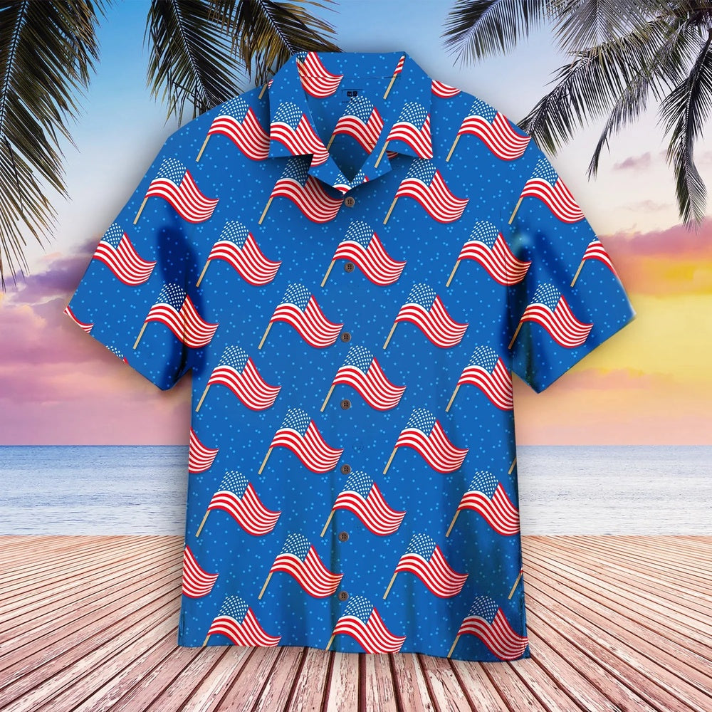 4Th Of July Hawaiian Shirts, Fourth Of July Blue American Flags Hawaiian Shirt Aloha Shirt