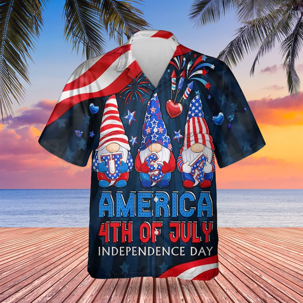 4Th Of July Hawaiian Shirts, Gnomes 4Th Of July Hawaiian Shirts USA Independence Day Fourth Of July Button Up Shirt