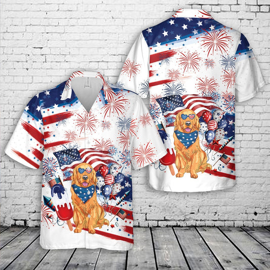 4Th Of July Hawaiian Shirts, Happy 4th of July Funny Golden Retriever Hawaiian Shirt, Hawaiian Beach Shirts For Men Women