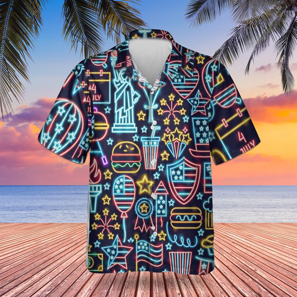 4Th Of July Hawaiian Shirts, Happy Independence Day Light 3D Print Hawaiian Shirt 4Th Of July Short Sleeve Button Down
