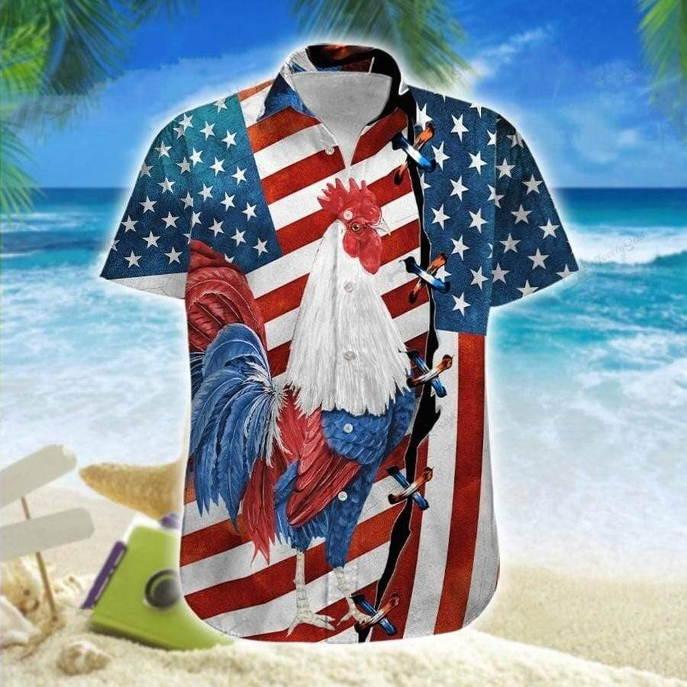 4Th Of July Hawaiian Shirts, Hawaiian Aloha Shirts Rooster America 4Th Of July, Chicken Lover Hawaiian Shirt For Men & Women Summer Gifts