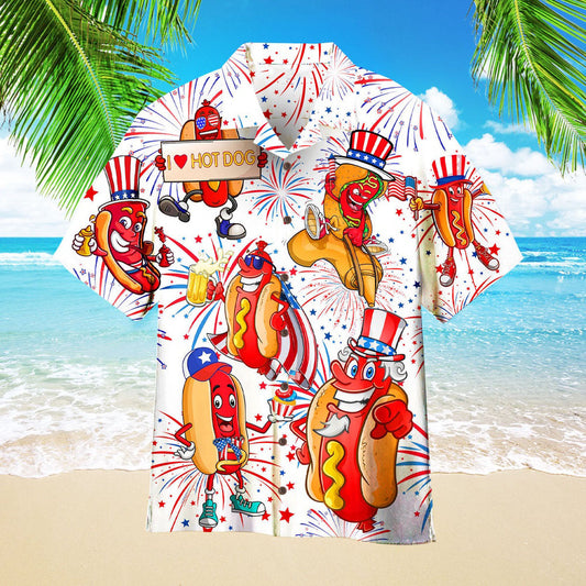 4Th Of July Hawaiian Shirts, Independence Day 4th of July Funny Hot Dog American Flag Aloha Hawaiian Shirts