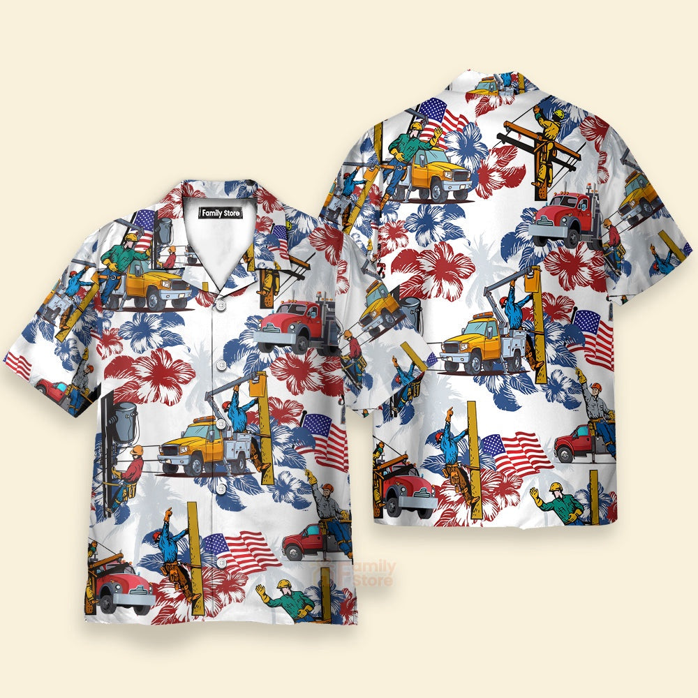 4Th Of July Hawaiian Shirts, Lineman 4Th Of July Hawaiian Shirts