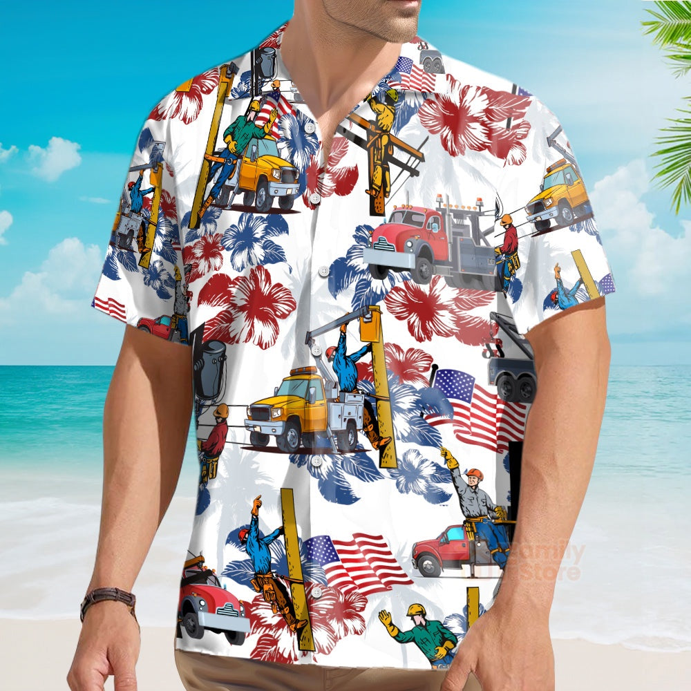 4Th Of July Hawaiian Shirts, Lineman 4Th Of July Hawaiian Shirts