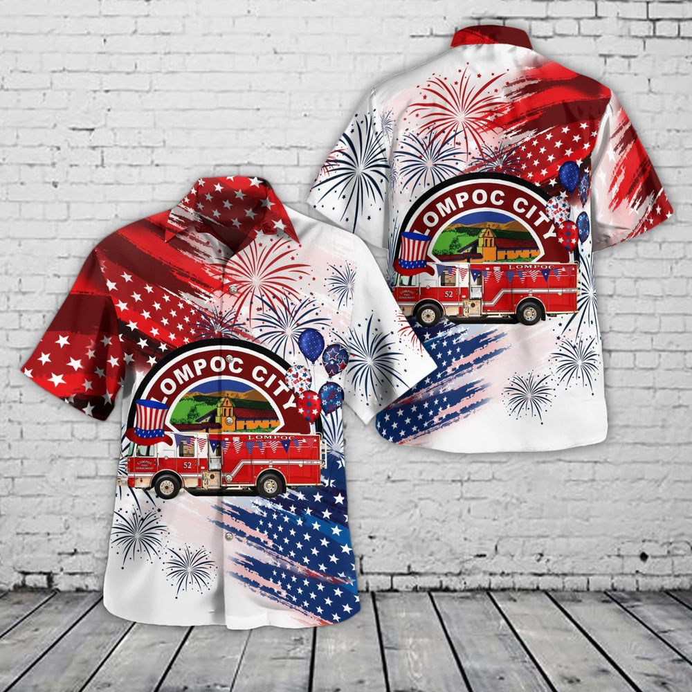 4Th Of July Hawaiian Shirts, Lompoc California Lompoc Fire Department 4Th Of July Hawaiian Shirt, Hawaiian Firefighter Shirts
