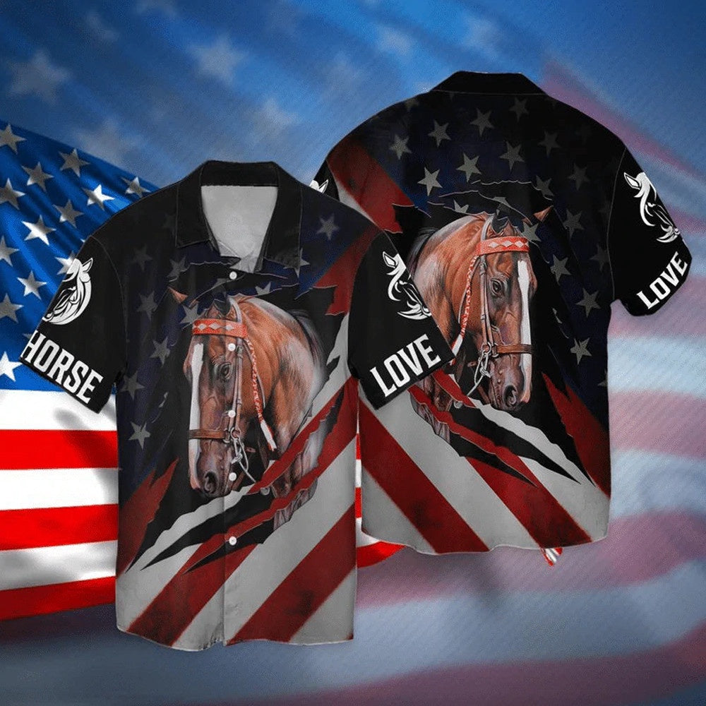 4Th Of July Hawaiian Shirts, Love Horse American Flag Hawaiian Shirt 4Th Of July Ideas Short Sleeve Button Up Men