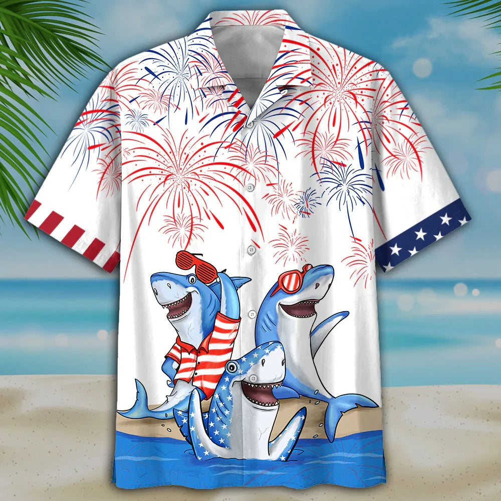 4Th Of July Hawaiian Shirts, Men'S 4Th Of July Shark Hawaiian Shirt - Independence Day Hawaiian Shirt