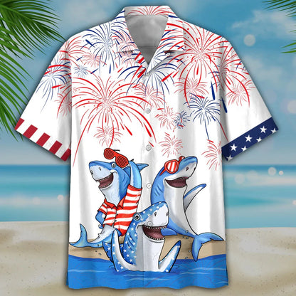 4Th Of July Hawaiian Shirts, Men'S 4Th Of July Shark Hawaiian Shirt - Independence Day Hawaiian Shirt