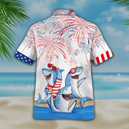 4Th Of July Hawaiian Shirts, Men'S 4Th Of July Shark Hawaiian Shirt - Independence Day Hawaiian Shirt