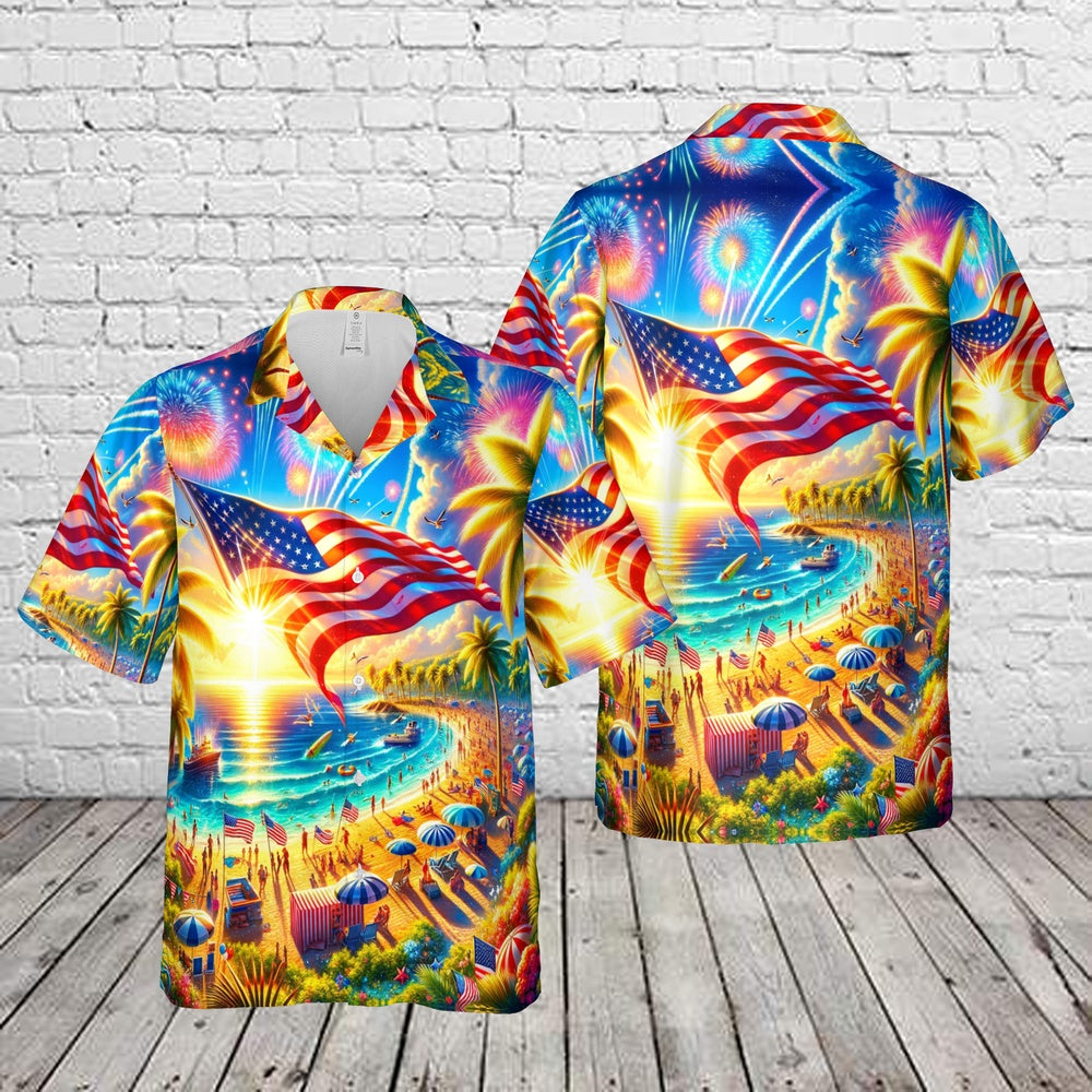 4Th Of July Hawaiian Shirts, Palm Trees And Beach On A Sunny 4th Of July Hawaiian Shirt, Hawaiian Beach Shirts For Men Women
