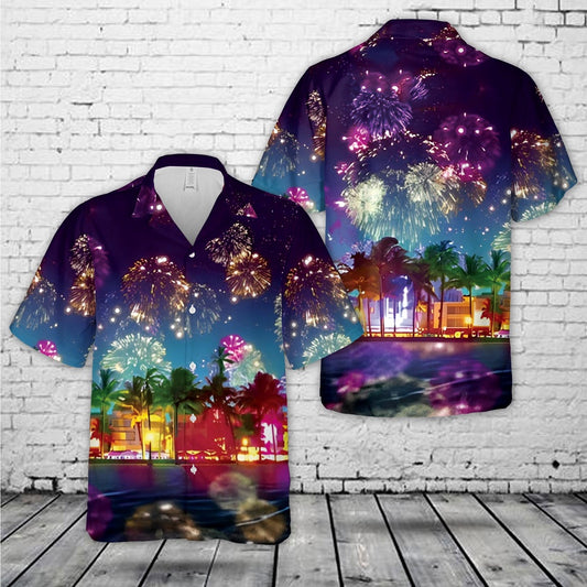 4Th Of July Hawaiian Shirts, Palm Trees Fireworks 4Th Of July Hawaiian Shirts, Hawaiian Firefighter Shirts