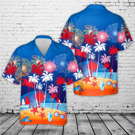 4Th Of July Hawaiian Shirts, Palm Trees Fireworks Beach 4Th Of July Hawaiian Shirt, Hawaiian Firefighter Shirts