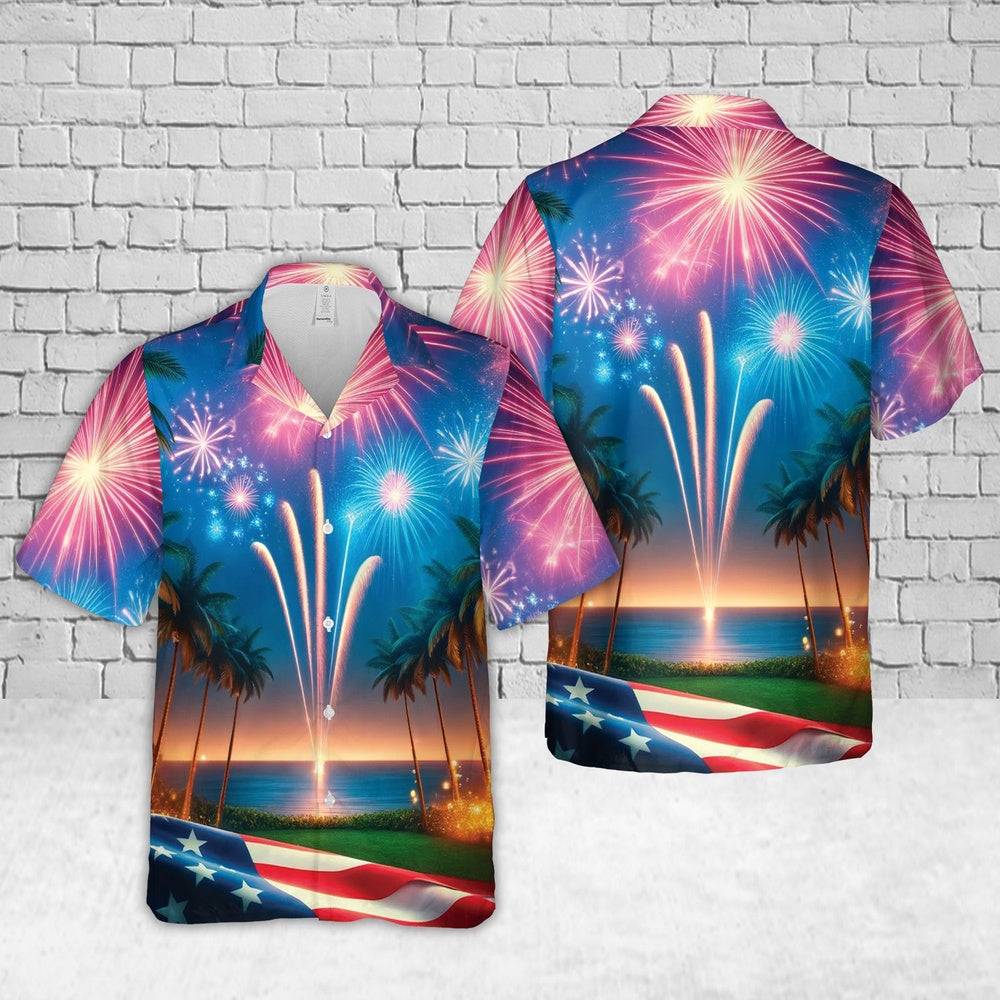 4Th Of July Hawaiian Shirts, Palm Trees Fireworks With Usa Flag 4Th Of July 1 Hawaiian Shirt, Hawaiian Firefighter Shirts