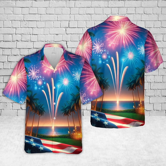 4Th Of July Hawaiian Shirts, Palm Trees Fireworks With Usa Flag 4Th Of July 1 Hawaiian Shirt, Hawaiian Firefighter Shirts