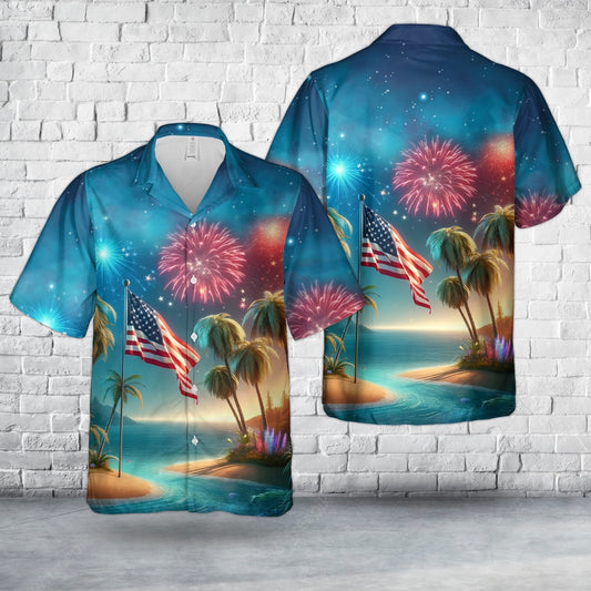 4Th Of July Hawaiian Shirts, Palm Trees Fireworks With Usa Flag 4Th Of July 2 Hawaiian Shirt, Hawaiian Firefighter Shirts