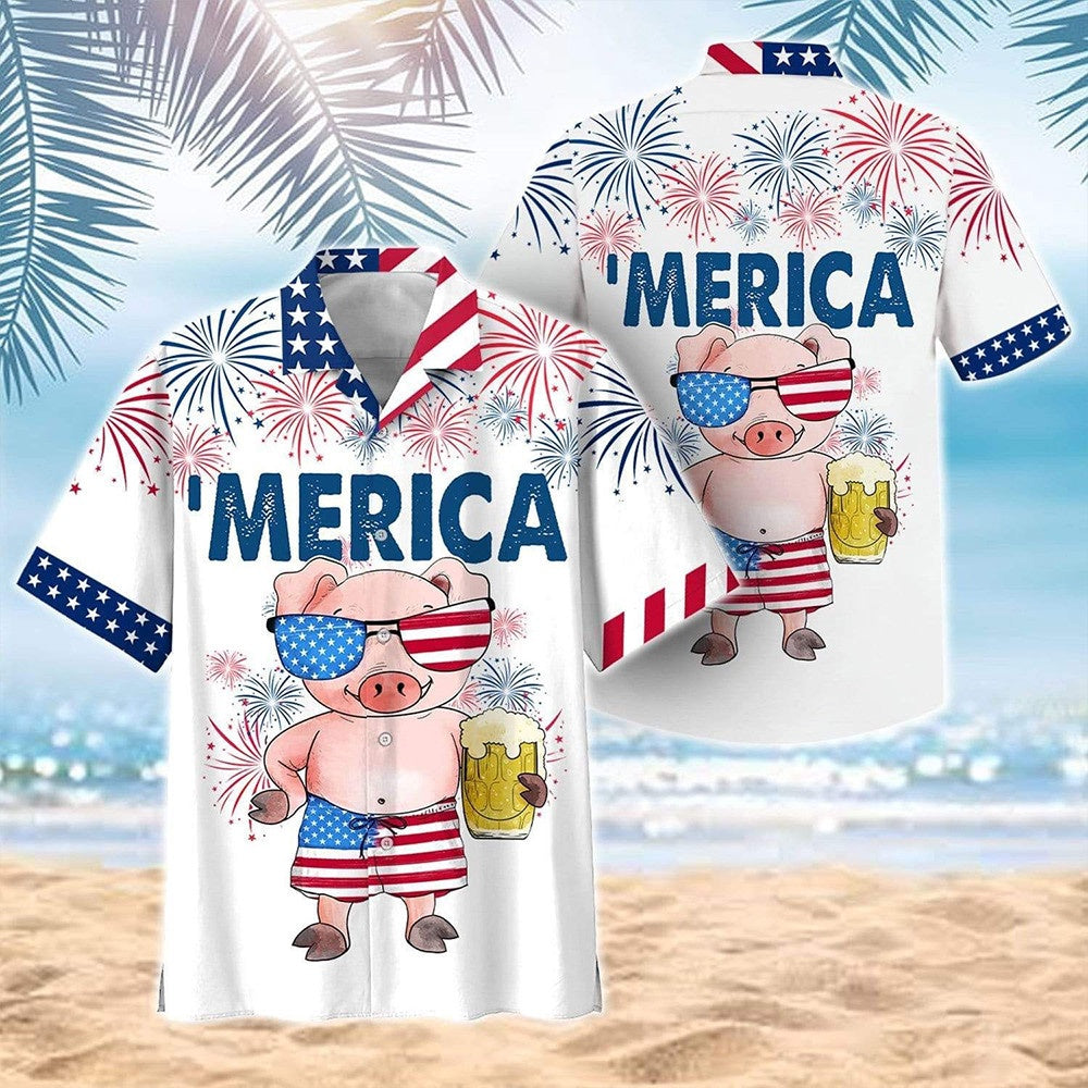 4Th Of July Hawaiian Shirts, Pig 'Merica Independence Day Hawaiian Shirts Cute Design 4th Of July Button Down Shirts Men's
