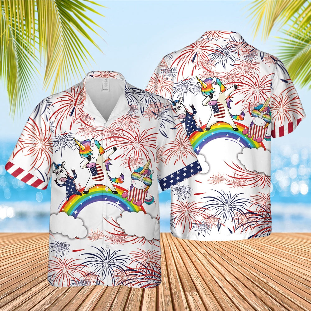 4Th Of July Hawaiian Shirts, Rainbow And Unicorn Background Hawaiian Shirt