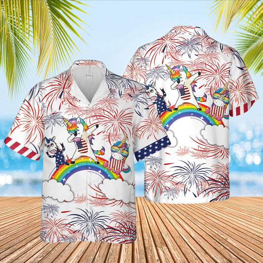 4Th Of July Hawaiian Shirts, Rainbow And Unicorn Background Hawaiian Shirt
