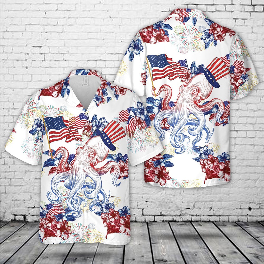 4Th Of July Hawaiian Shirts, Red White And Blue Octopus 4Th Of July Hawaiian Shirt, Military Aloha Shirts