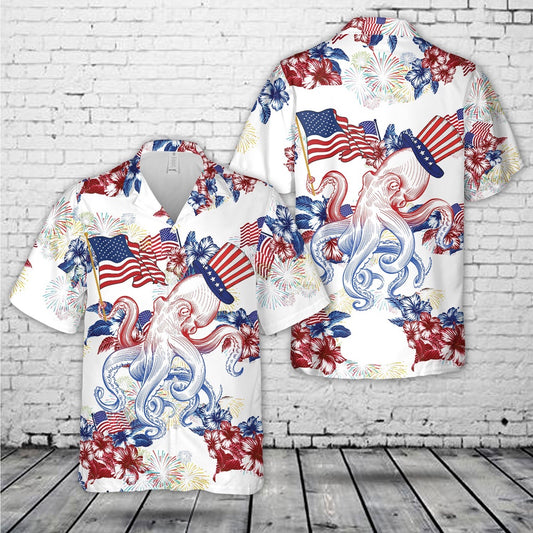 4Th Of July Hawaiian Shirts, Red White And Blue Octopus 4Th Of July Hawaiian Shirt, Military Aloha Shirts