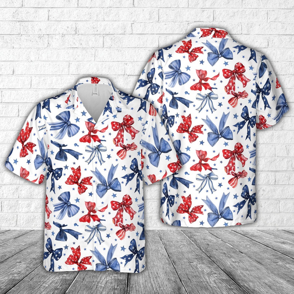 4Th Of July Hawaiian Shirts, Red White & Blue Bows 4Th Of July Hawaiian Shirt, Military Aloha Shirts