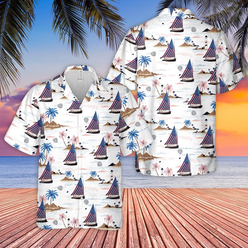 4Th Of July Hawaiian Shirts, Sailboat Usa 4Th Of July Hawaiian Shirt, Military Aloha Shirts