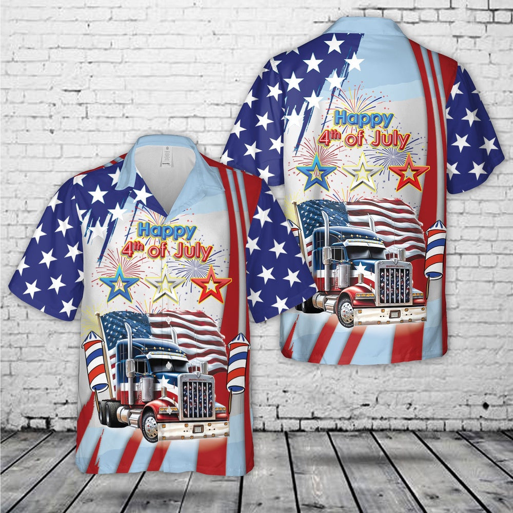 4Th Of July Hawaiian Shirts, Semi Truck Flag4Th Of July Hawaiian Shirt, Military Aloha Shirts