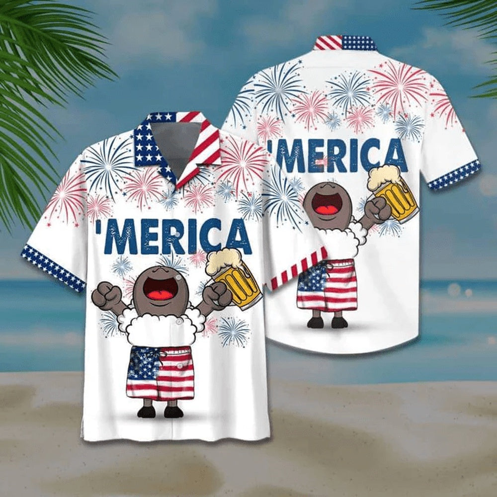 4Th Of July Hawaiian Shirts, Sheep And Beer Hawaiian Shirt, Sheep American Flag Hawaiian Shirts