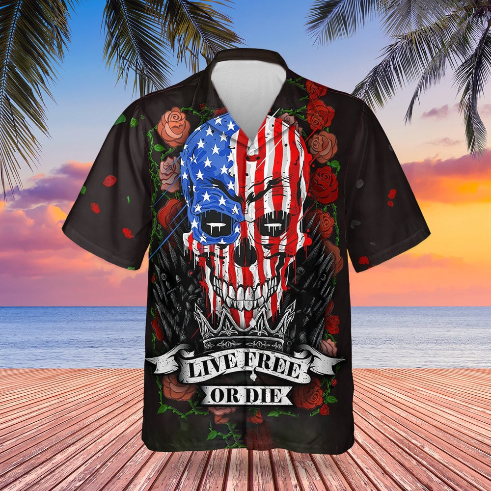 4Th Of July Hawaiian Shirts, Skull July 4Th Live Free Or Die Hawaiian Shirt Men's Button Up 4Th Of July Shirt Gift