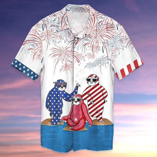 4Th Of July Hawaiian Shirts, Sloth American Flag 4Th Of July Hawaiian Shirts Independence Day Ideas Button Up Shirt Gift