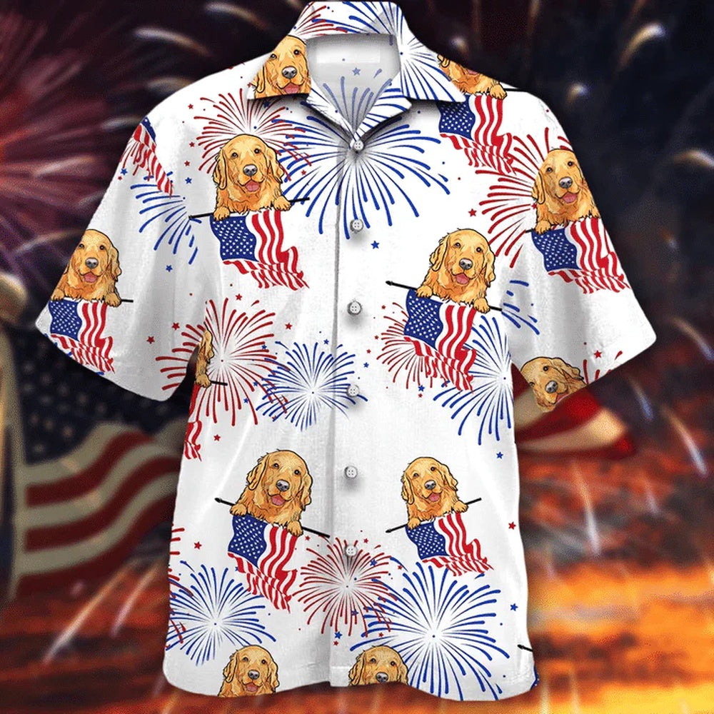 4Th Of July Hawaiian Shirts, Stm501 Smiley Face Golden Retriever White 4Th Of July Hawaiian Shirts