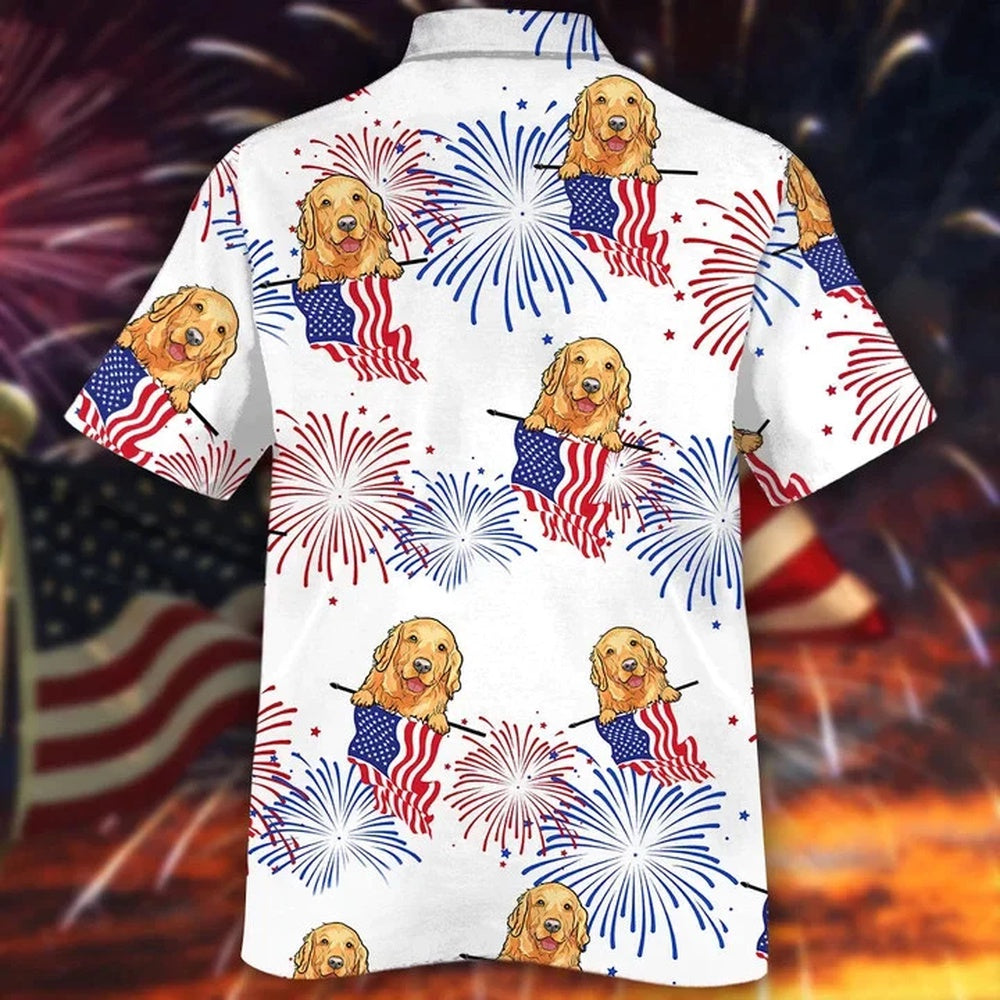 4Th Of July Hawaiian Shirts, Stm501 Smiley Face Golden Retriever White 4Th Of July Hawaiian Shirts