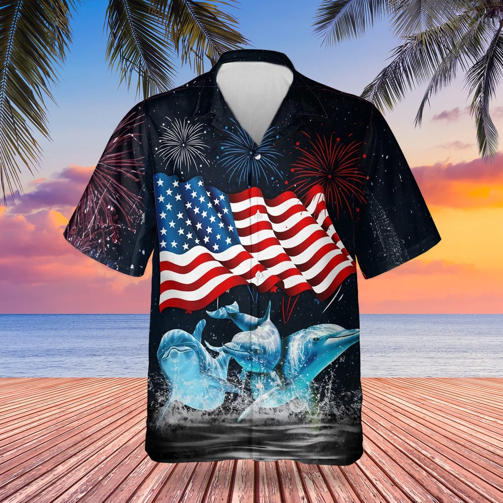 4Th Of July Hawaiian Shirts, Three Dolphins Firework 4Th Of July Hawaiian Shirts American Flag Independence Day Gifts
