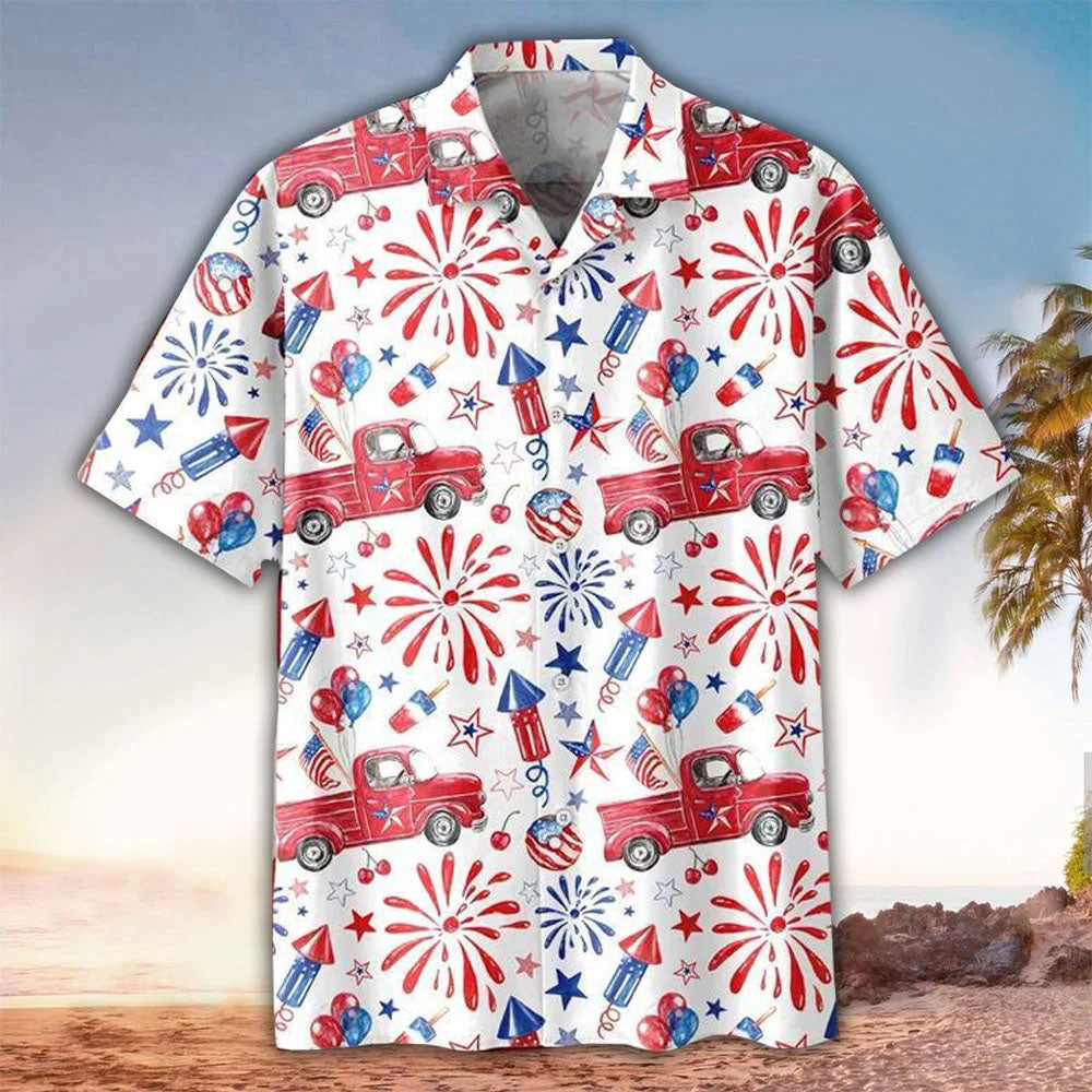 4Th Of July Hawaiian Shirts, Truck And Firework Pattern Hawaiian Shirt For Men Women - 4Th Of July Button Down Aloha Shirt