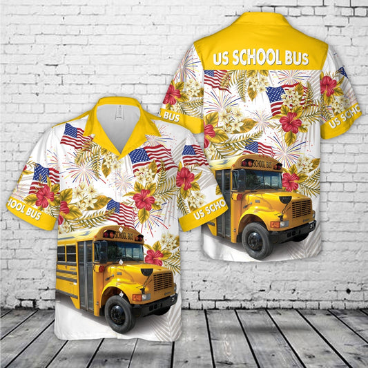4Th Of July Hawaiian Shirts, US School Bus 4th Of July Hawaiian Shirt, Hawaiian Beach Shirts For Men Women