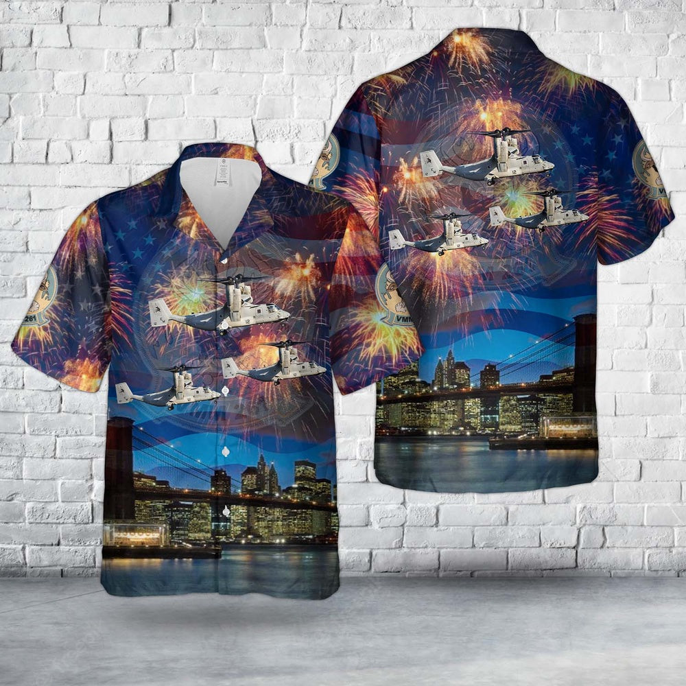 4Th Of July Hawaiian Shirts, Us Marine Corps Bell-Boeing Mv-22B Osprey Of Vmm-261 Ranging Bulls 4Th Of July Hawaiian Shirt, Military Aloha Shirts