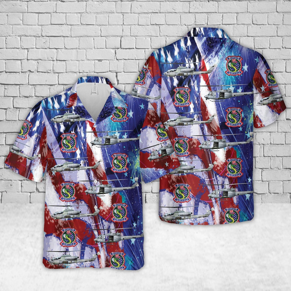 4Th Of July Hawaiian Shirts, Us Marine Corps Marine Light Attack Helicopter Squadron 367 (Hmla-367) Uh-1N Huey & Ah-1W Cobra Hawaiian Shirt